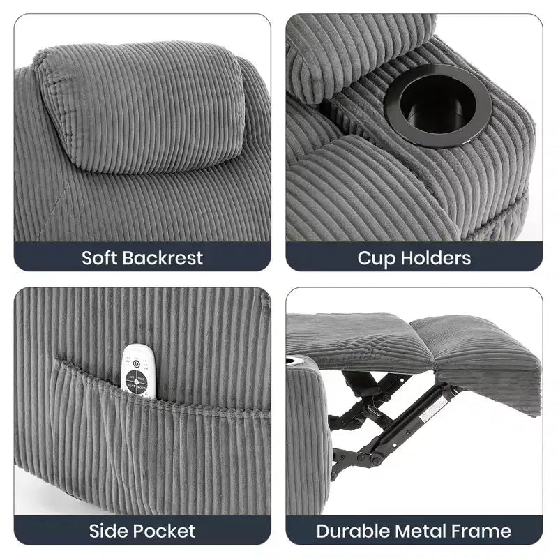 Fauteuil inclinable électrique avec fonction releveur, massage et chauffage, poches latérales et 2 porte-gobelets pour personnes âgées