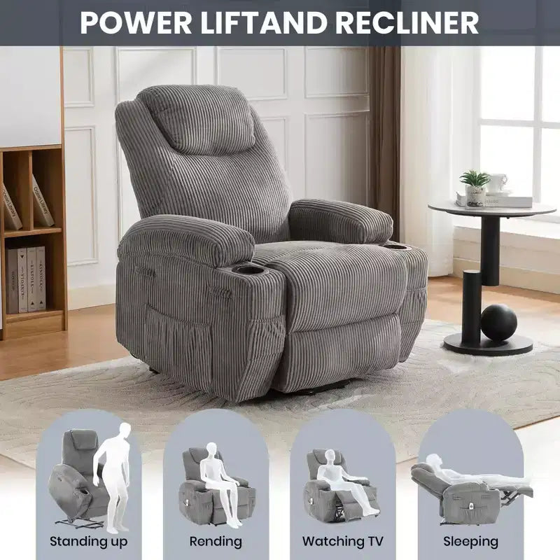 Fauteuil inclinable électrique avec fonction releveur, massage et chauffage, poches latérales et 2 porte-gobelets pour personnes âgées