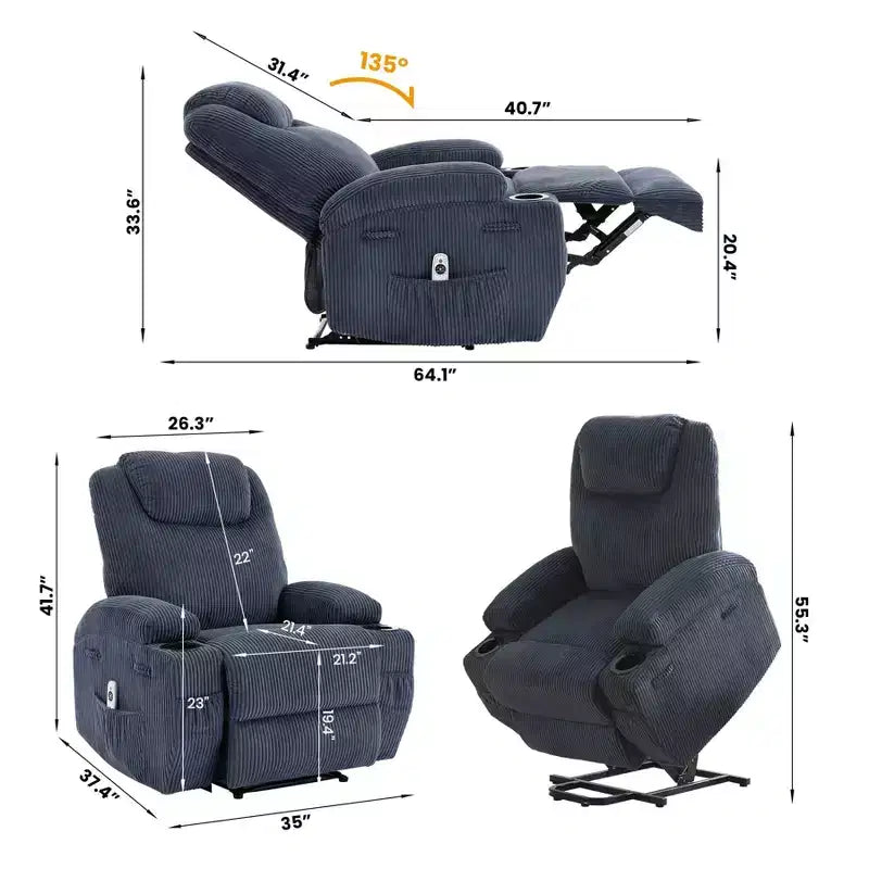 Fauteuil inclinable électrique avec fonction releveur, massage et chauffage, poches latérales et 2 porte-gobelets pour personnes âgées