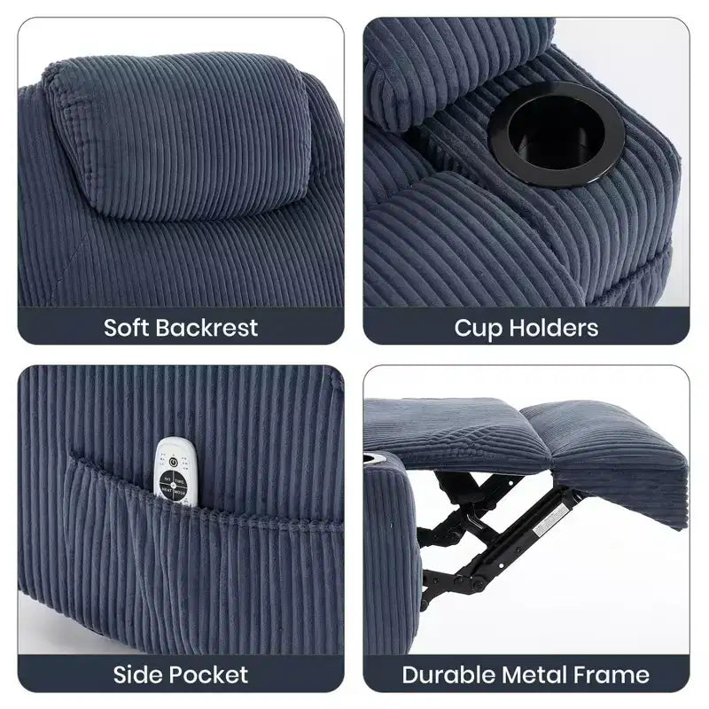 Fauteuil inclinable électrique avec fonction releveur, massage et chauffage, poches latérales et 2 porte-gobelets pour personnes âgées