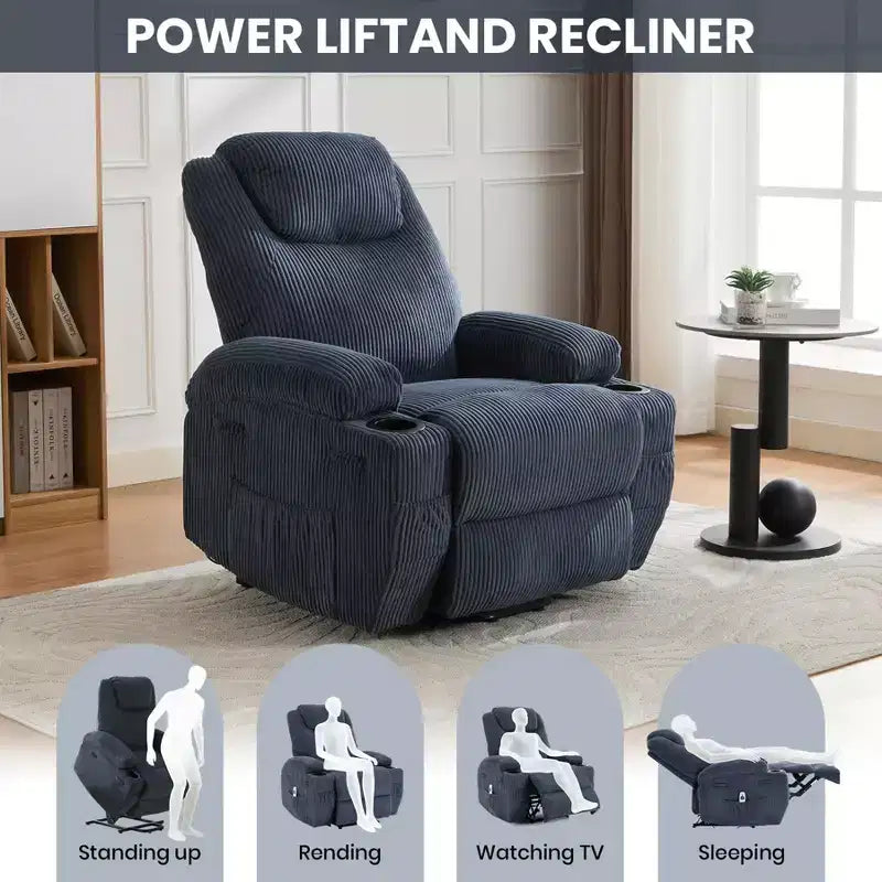 Fauteuil inclinable électrique avec fonction releveur, massage et chauffage, poches latérales et 2 porte-gobelets pour personnes âgées
