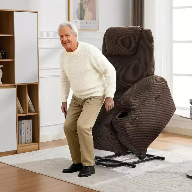 Fauteuil inclinable électrique avec fonction releveur, massage et chauffage, poches latérales et 2 porte-gobelets pour personnes âgées