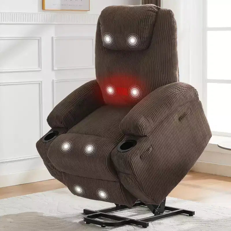 Fauteuil inclinable électrique avec fonction releveur, massage et chauffage, poches latérales et 2 porte-gobelets pour personnes âgées