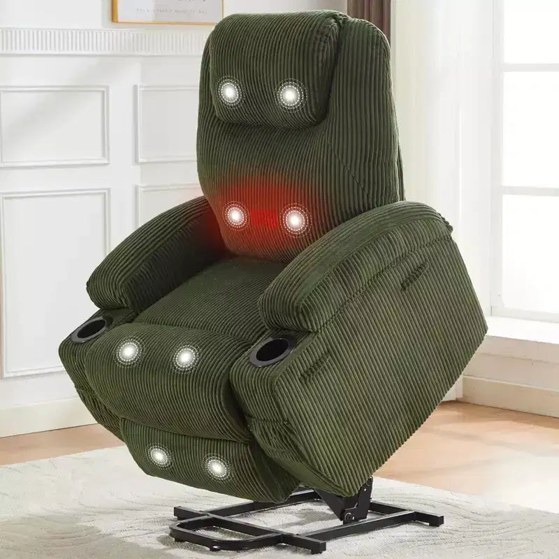 Fauteuil inclinable électrique avec fonction releveur, massage et chauffage, poches latérales et 2 porte-gobelets pour personnes âgées