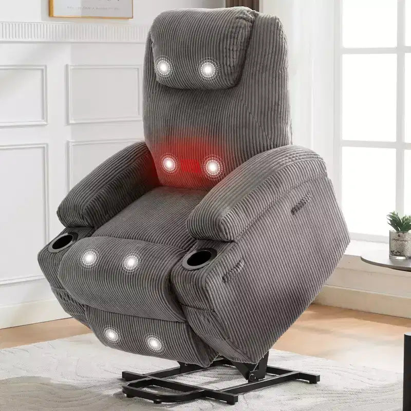 Fauteuil inclinable électrique avec fonction releveur, massage et chauffage, poches latérales et 2 porte-gobelets pour personnes âgées