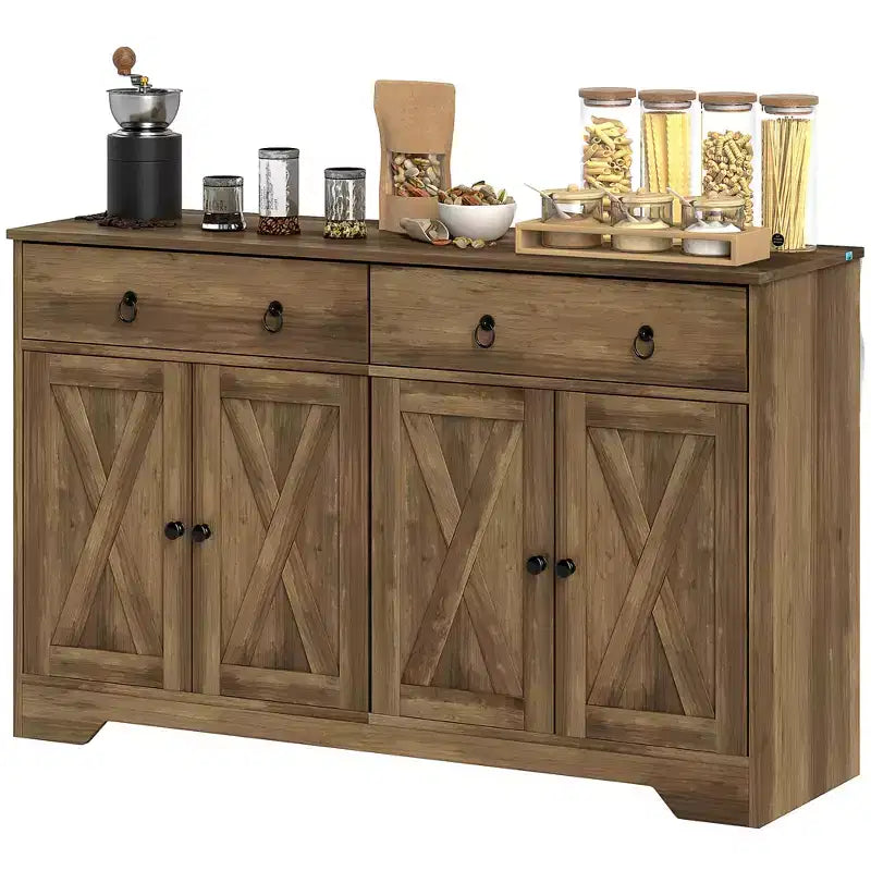 Buffet de cuisine avec portes coulissantes style grange, tiroirs et étagères réglables