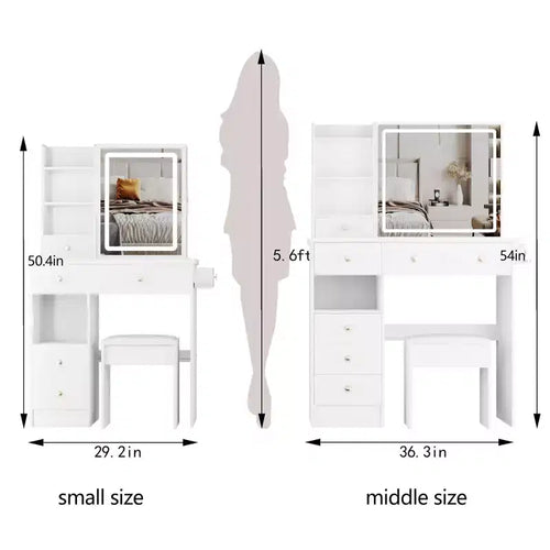 29.2 Table de toilette de bureau avec tiroir gauche de petite taille + tabouret rembourré, station d'alimentation 2 prises CA + 2 ports USB, support pour sèche-cheveux, éclairage tricolore