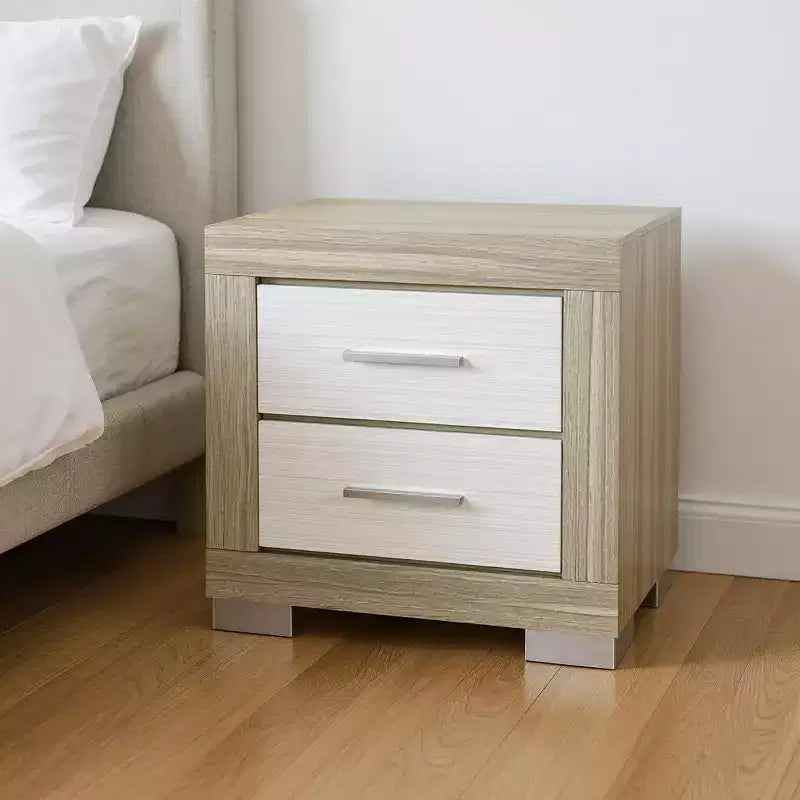 Table de chevet carrée en bois naturel et blanc à deux tiroirs