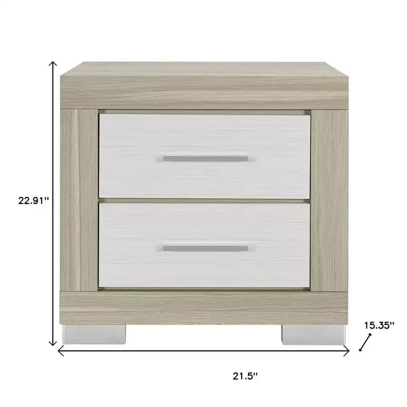 Table de chevet carrée en bois naturel et blanc à deux tiroirs
