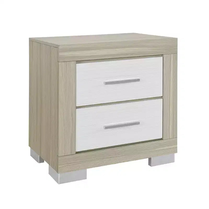 Table de chevet carrée en bois naturel et blanc à deux tiroirs