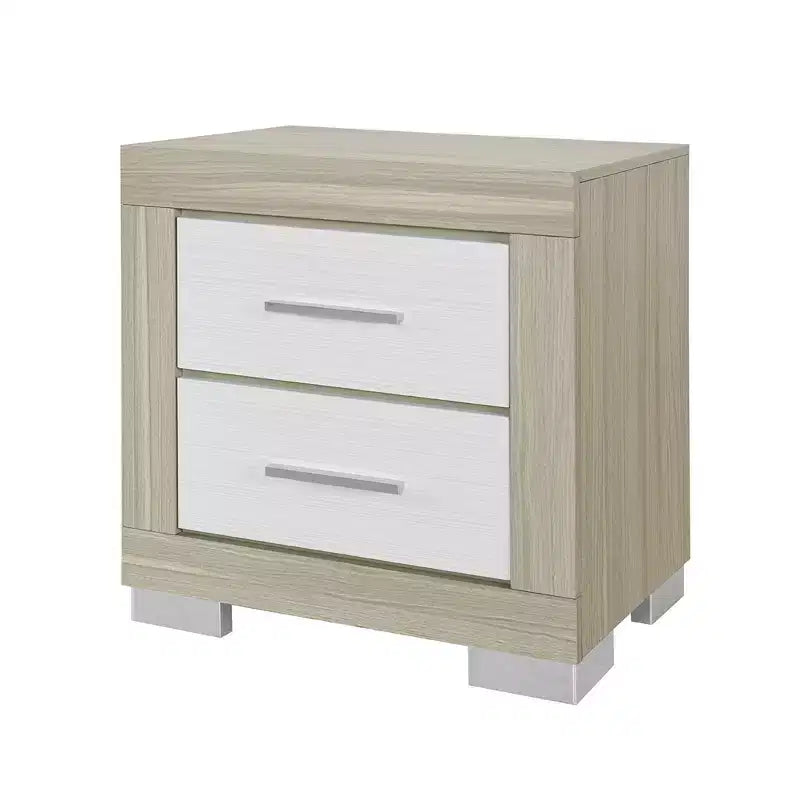 Table de chevet carrée en bois naturel et blanc à deux tiroirs