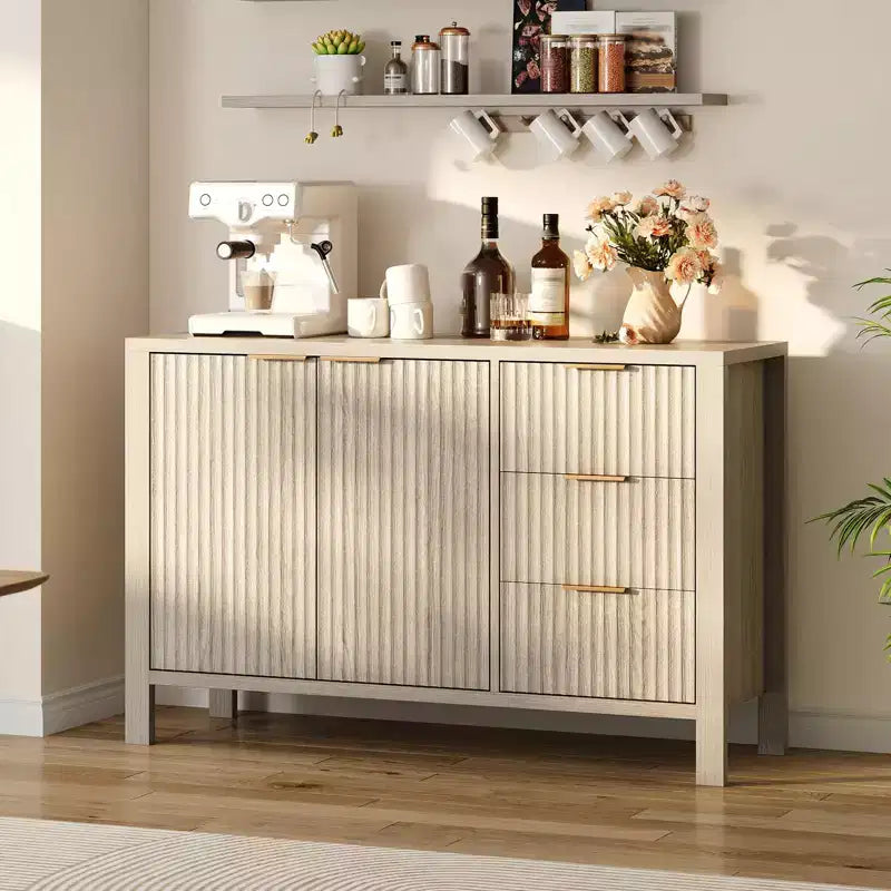Buffet de 120 cm cannelé avec 3 tiroirs pour cuisine, salon ou entrée - Meuble de bar à café en bois
