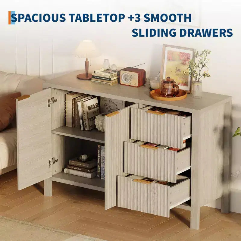 Buffet de 120 cm cannelé avec 3 tiroirs pour cuisine, salon ou entrée - Meuble de bar à café en bois
