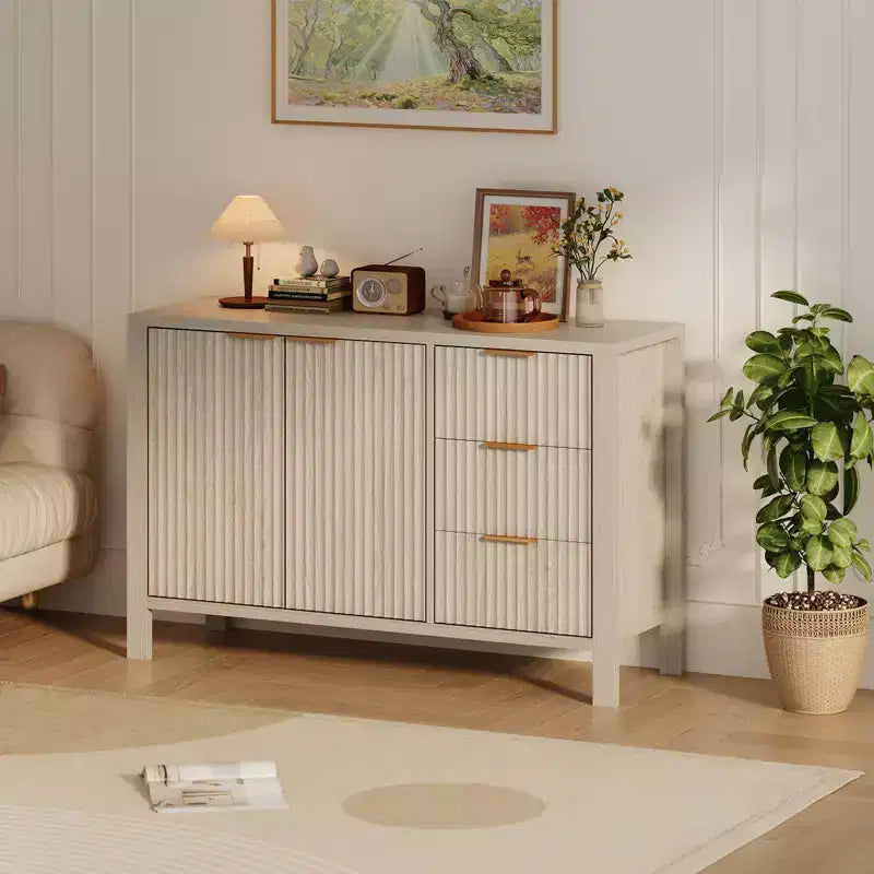Buffet de 120 cm cannelé avec 3 tiroirs pour cuisine, salon ou entrée - Meuble de bar à café en bois