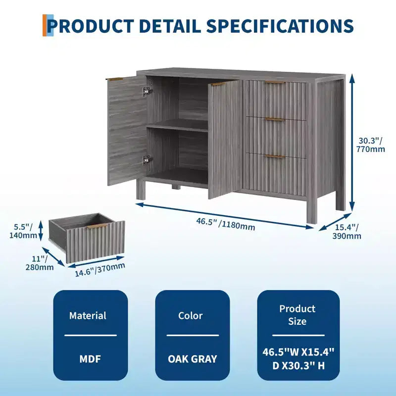Buffet de 120 cm cannelé avec 3 tiroirs pour cuisine, salon ou entrée - Meuble de bar à café en bois