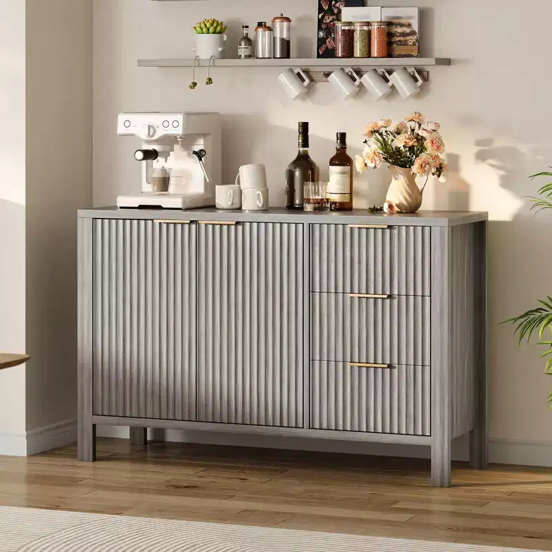Buffet de 120 cm cannelé avec 3 tiroirs pour cuisine, salon ou entrée - Meuble de bar à café en bois