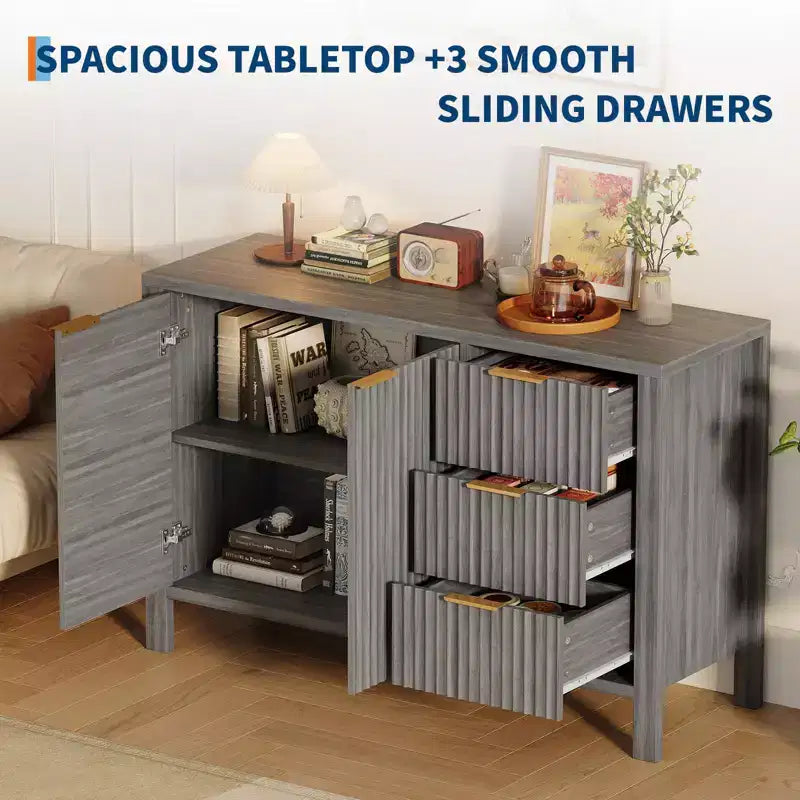 Buffet de 120 cm cannelé avec 3 tiroirs pour cuisine, salon ou entrée - Meuble de bar à café en bois