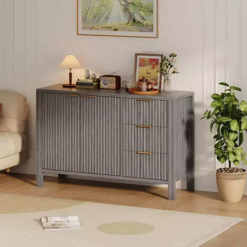Buffet de 120 cm cannelé avec 3 tiroirs pour cuisine, salon ou entrée - Meuble de bar à café en bois