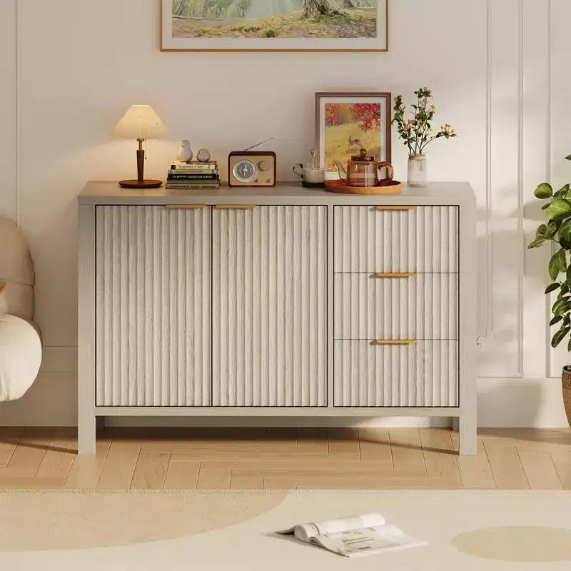 Buffet de 120 cm cannelé avec 3 tiroirs pour cuisine, salon ou entrée - Meuble de bar à café en bois