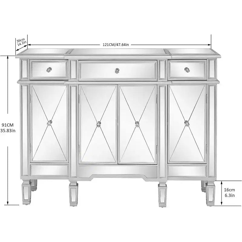 Console miroir, buffet/commode/meuble TV moderne avec 3 tiroirs et 4 portes (argent, 122 L x 35,5 l x 91,5 H cm)