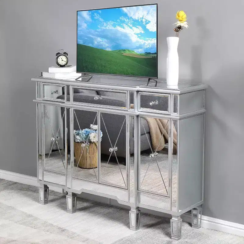 Console miroir, buffet/commode/meuble TV moderne avec 3 tiroirs et 4 portes (argent, 122 L x 35,5 l x 91,5 H cm)