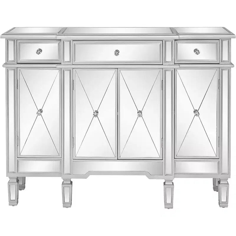 Console miroir, buffet/commode/meuble TV moderne avec 3 tiroirs et 4 portes (argent, 122 L x 35,5 l x 91,5 H cm)