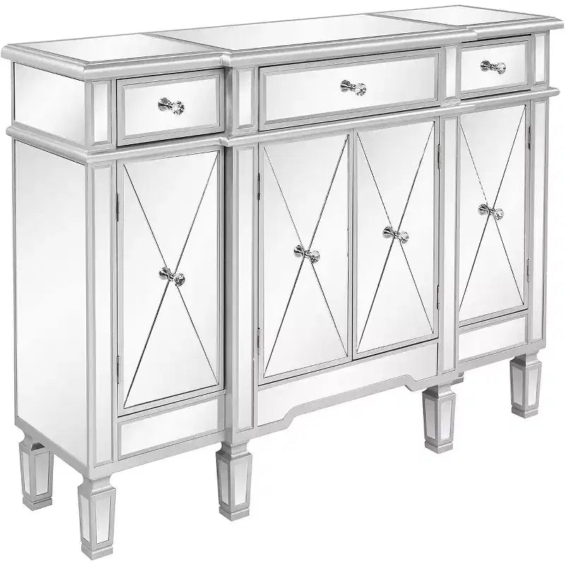 Console miroir, buffet/commode/meuble TV moderne avec 3 tiroirs et 4 portes (argent, 122 L x 35,5 l x 91,5 H cm)