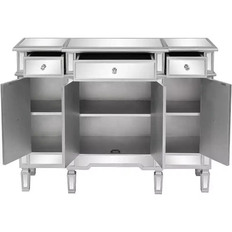 Console miroir, buffet/commode/meuble TV moderne avec 3 tiroirs et 4 portes (argent, 122 L x 35,5 l x 91,5 H cm)