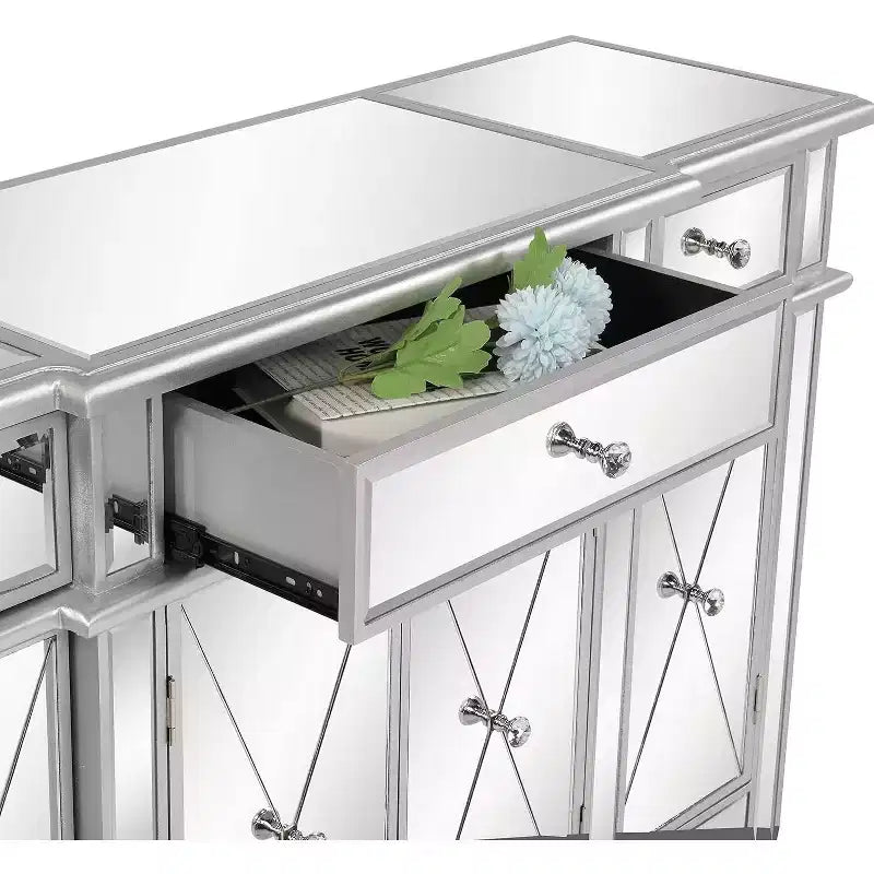 Console miroir, buffet/commode/meuble TV moderne avec 3 tiroirs et 4 portes (argent, 122 L x 35,5 l x 91,5 H cm)