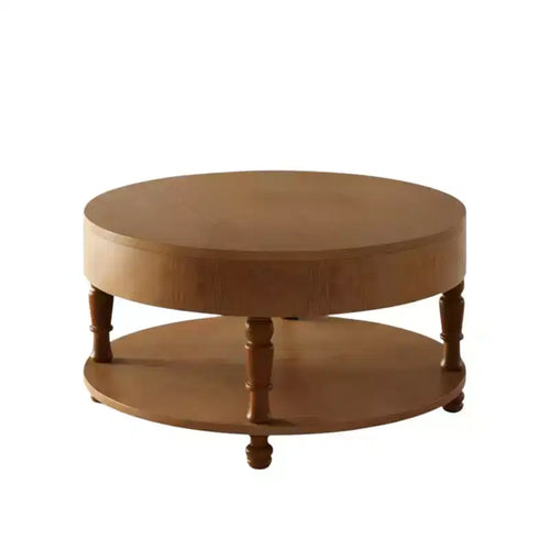 HomeRoots 32 Natural Wood Round Coffee Table With Hidden Storage And Shelf
