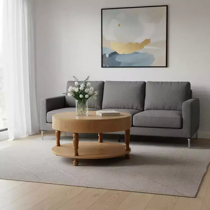 Table basse ronde en bois naturel de 32 po avec rangement dissimulé et étagère