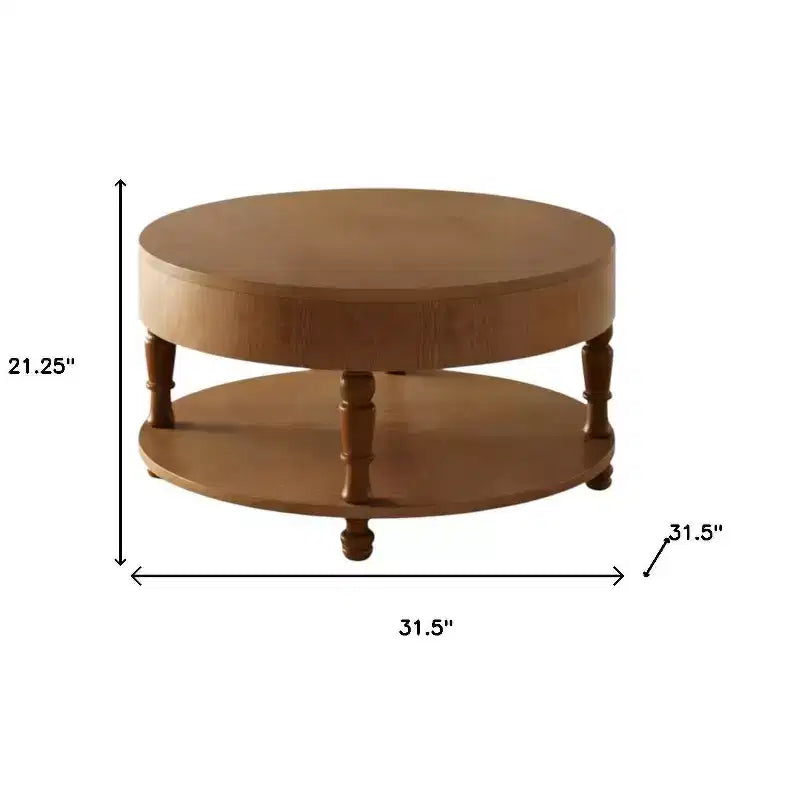 Table basse ronde en bois naturel de 32 po avec rangement dissimulé et étagère