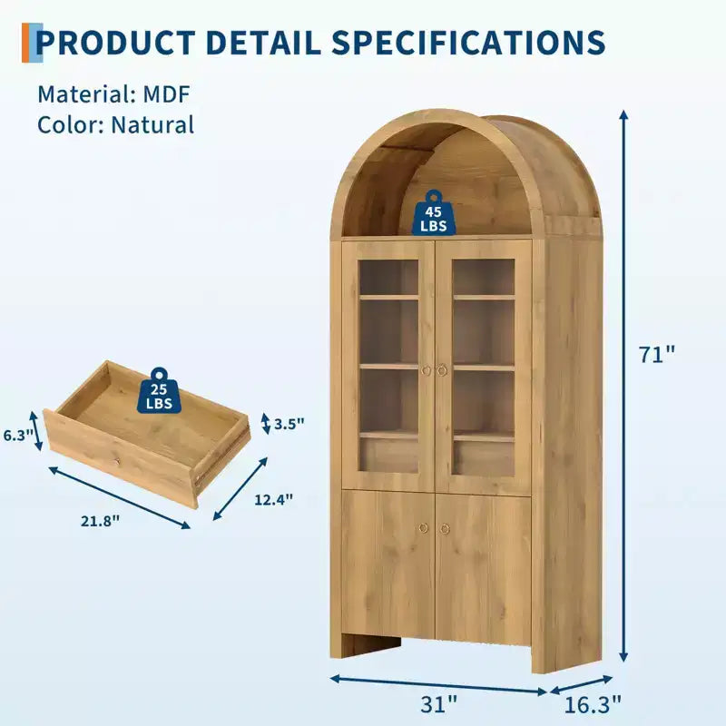 Armoire de cuisine arquée de 180 cm de hauteur, meuble de rangement de style ferme avec tiroir, étagères et portes vitrées pour salle à manger ou appartement