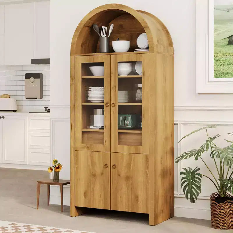 Armoire de cuisine arquée de 180 cm de hauteur, meuble de rangement de style ferme avec tiroir, étagères et portes vitrées pour salle à manger ou appartement