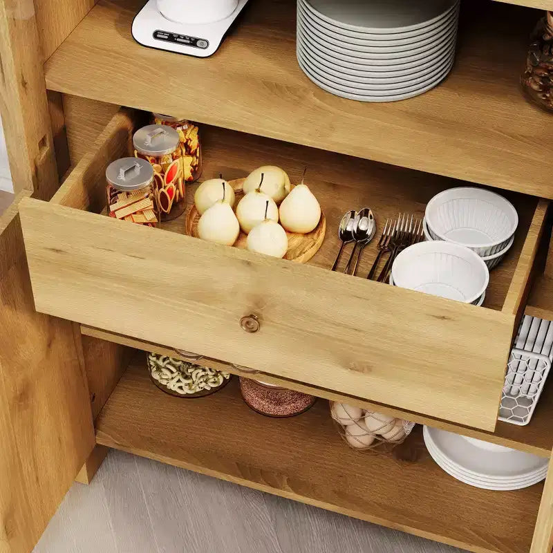 Armoire de cuisine arquée de 180 cm de hauteur, meuble de rangement de style ferme avec tiroir, étagères et portes vitrées pour salle à manger ou appartement