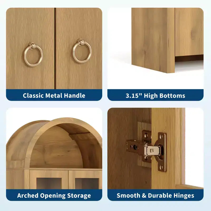 Armoire de cuisine arquée de 180 cm de hauteur, meuble de rangement de style ferme avec tiroir, étagères et portes vitrées pour salle à manger ou appartement
