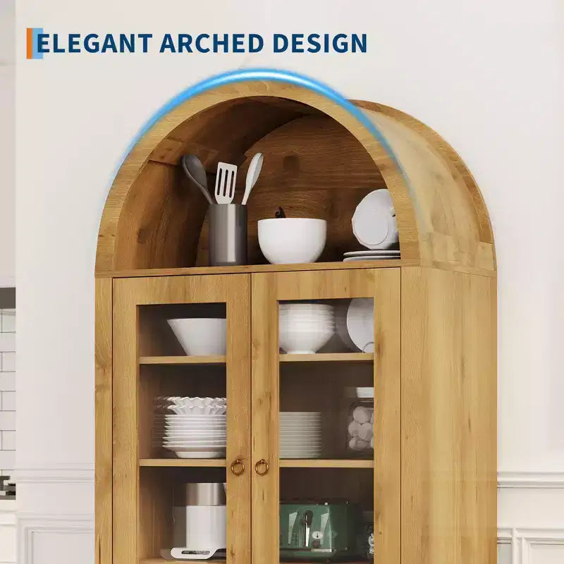 Armoire de cuisine arquée de 180 cm de hauteur, meuble de rangement de style ferme avec tiroir, étagères et portes vitrées pour salle à manger ou appartement