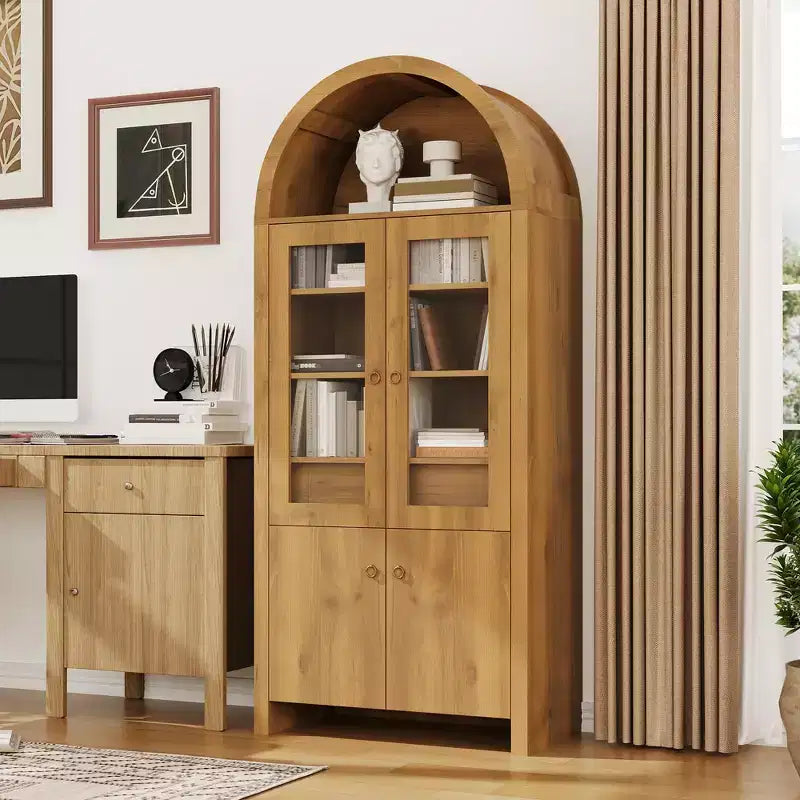 Armoire de cuisine arquée de 180 cm de hauteur, meuble de rangement de style ferme avec tiroir, étagères et portes vitrées pour salle à manger ou appartement