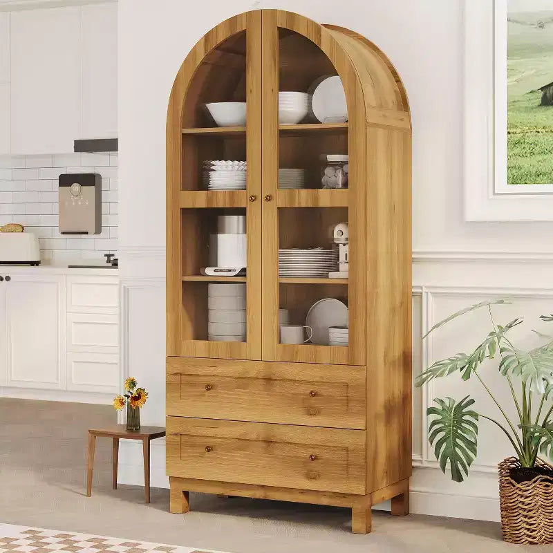 Armoire de cuisine arquée de 180 cm de hauteur, meuble de rangement de style ferme avec tiroir, étagères et portes vitrées pour salle à manger ou appartement