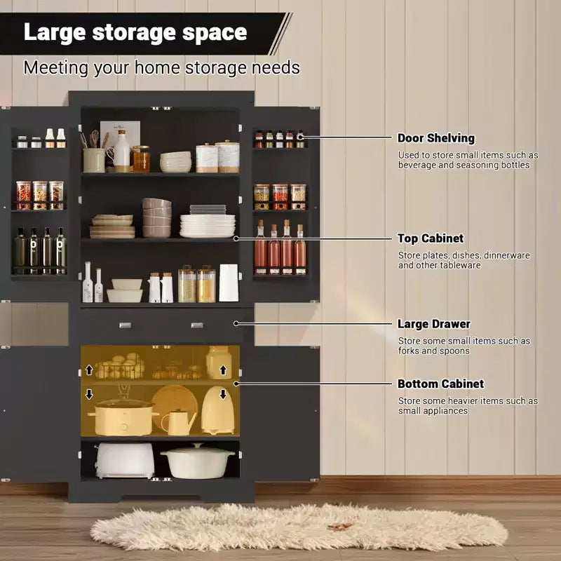 Armoire en bois à 6 portes avec 4 étagères réglables, meuble de rangement moderne pour salle à manger, salon ou buanderie