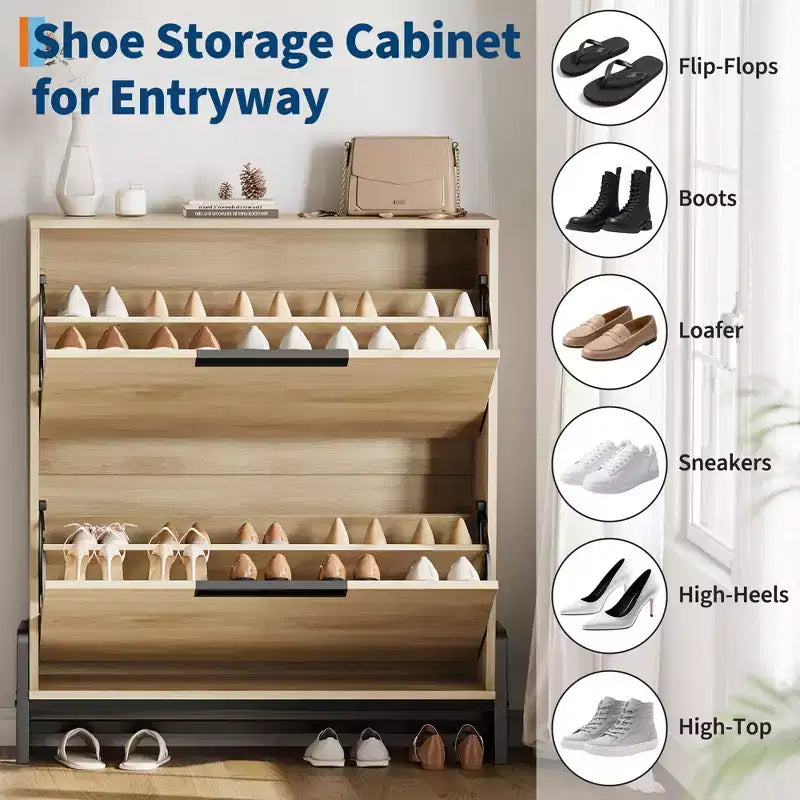 Meuble à chaussures avec 2 tiroirs basculants, pieds en métal, étagère réglable pour couloir ou salon