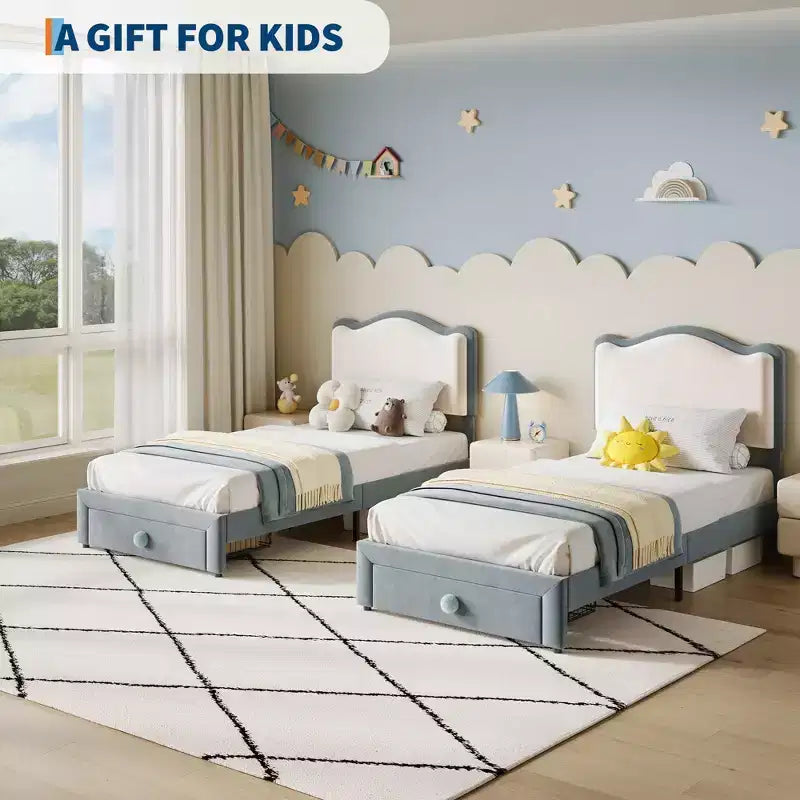 Cadre de lit plateforme simple avec tiroir de rangement, tête de lit festonnée et capitonnée pour enfants