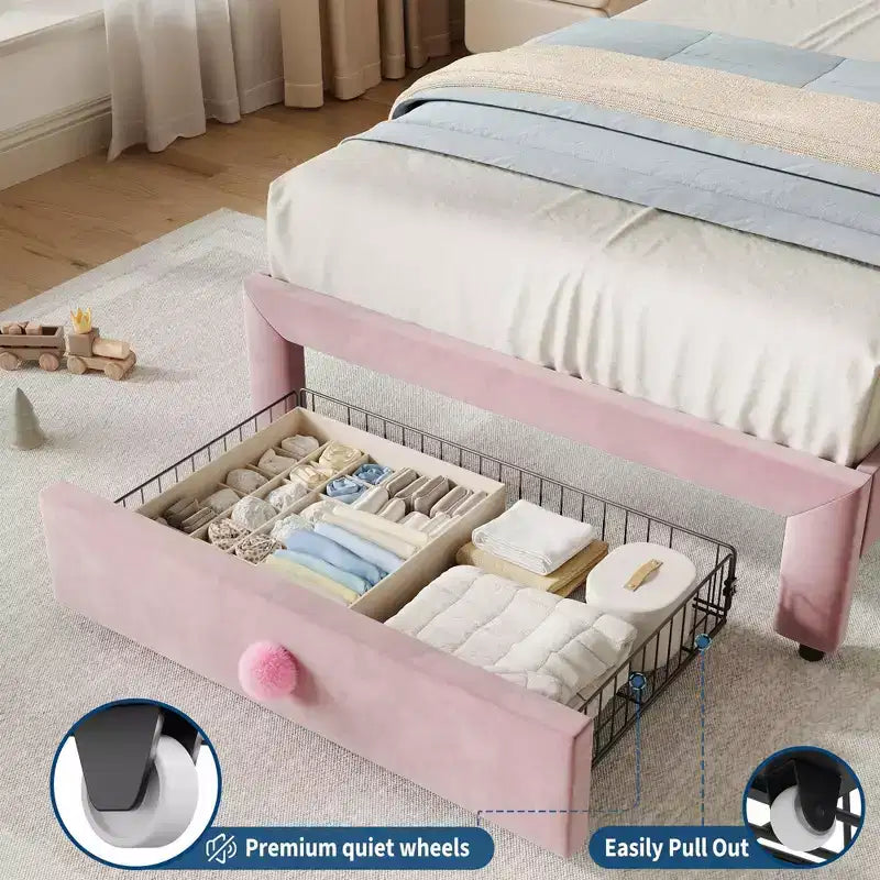 Cadre de lit plateforme simple avec tiroir de rangement, tête de lit festonnée et capitonnée pour enfants