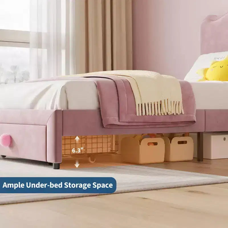 Cadre de lit plateforme simple avec tiroir de rangement, tête de lit festonnée et capitonnée pour enfants
