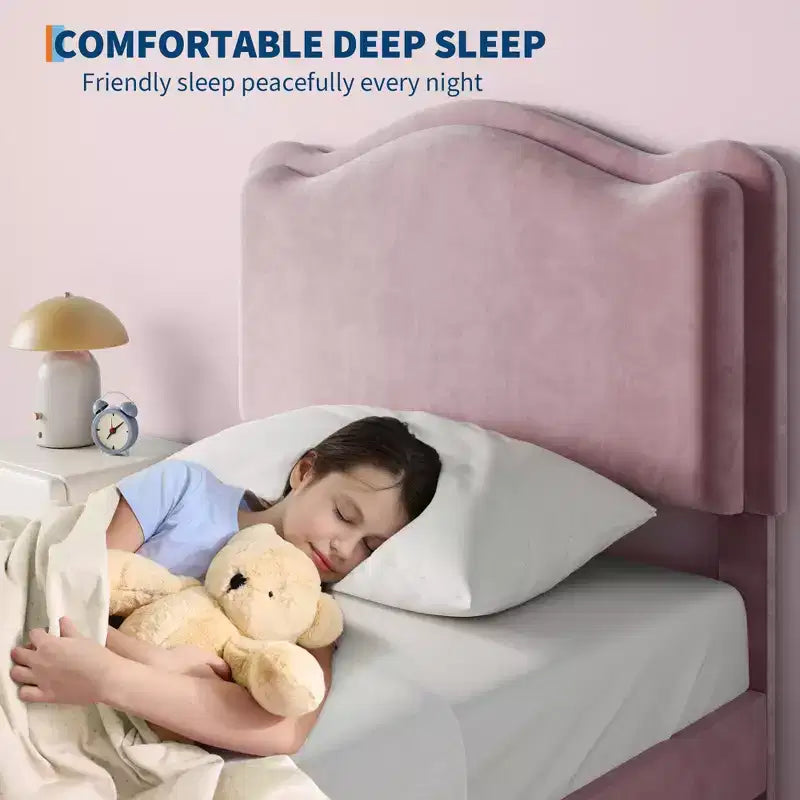 Cadre de lit plateforme simple avec tiroir de rangement, tête de lit festonnée et capitonnée pour enfants