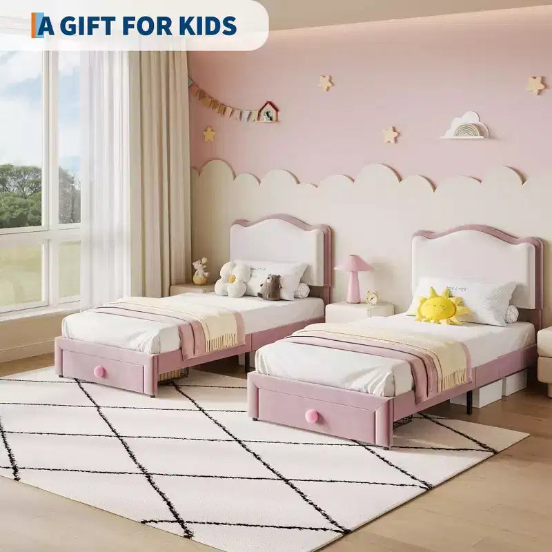 Cadre de lit plateforme simple avec tiroir de rangement, tête de lit festonnée et capitonnée pour enfants