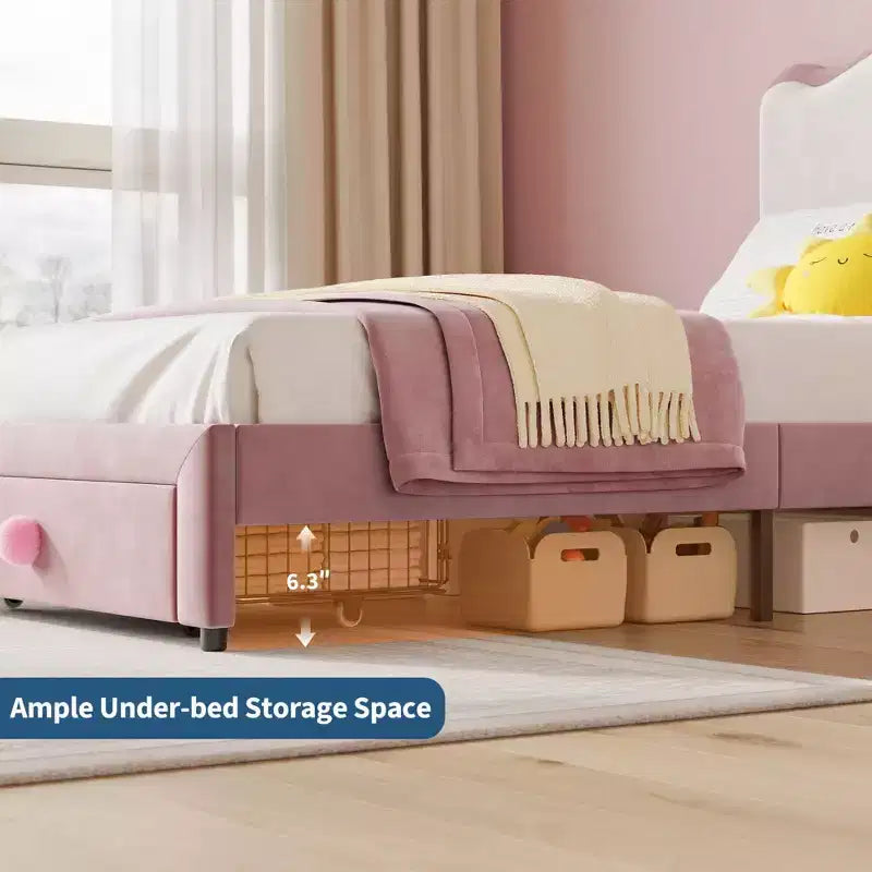 Cadre de lit plateforme simple avec tiroir de rangement, tête de lit festonnée et capitonnée pour enfants