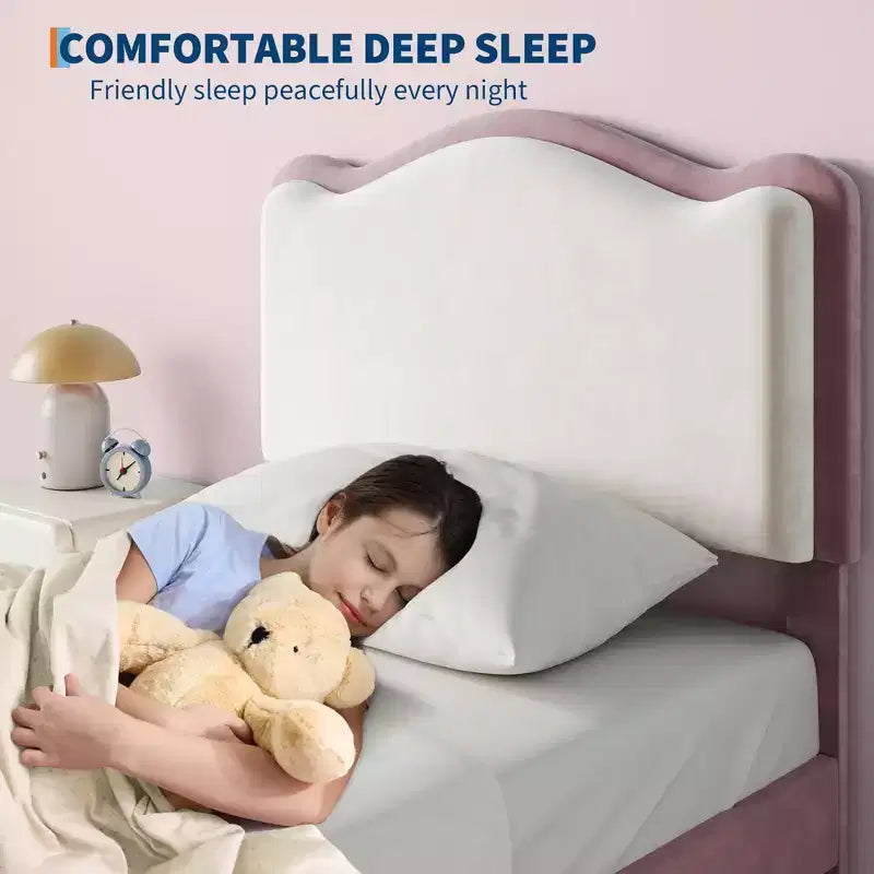 Cadre de lit plateforme simple avec tiroir de rangement, tête de lit festonnée et capitonnée pour enfants