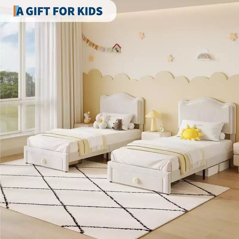 Cadre de lit plateforme simple avec tiroir de rangement, tête de lit festonnée et capitonnée pour enfants