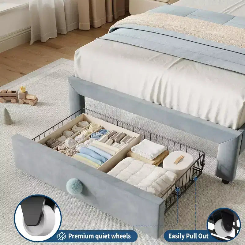 Cadre de lit plateforme simple avec tiroir de rangement, tête de lit festonnée et capitonnée pour enfants